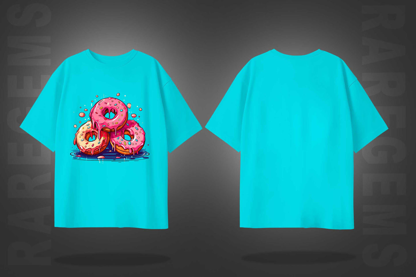 Cyan Half Sleeves Round Neck Three Donuts Printed Oversized T-Shirt