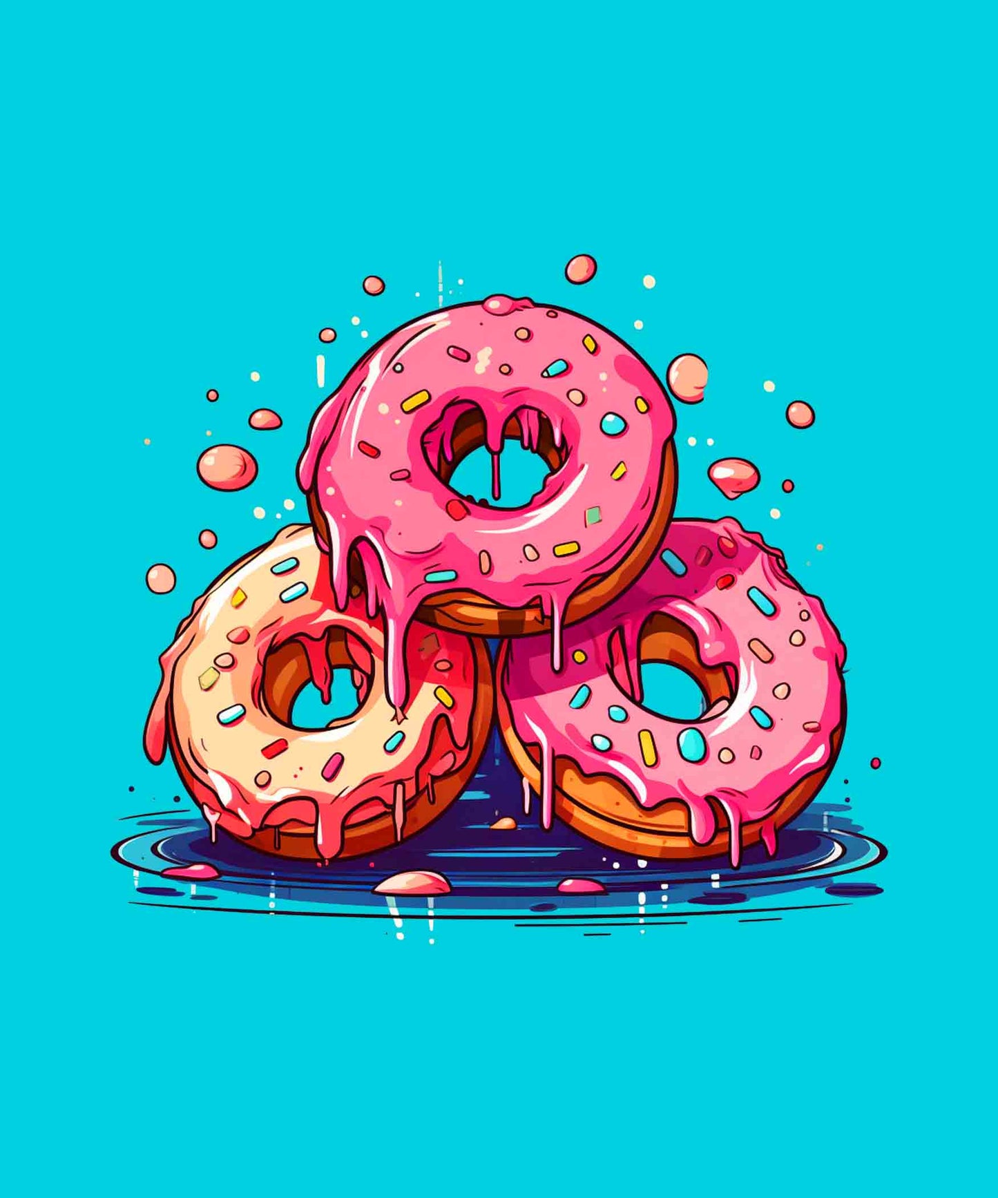 Cyan Half Sleeves Round Neck Three Donuts Printed Oversized T-Shirt