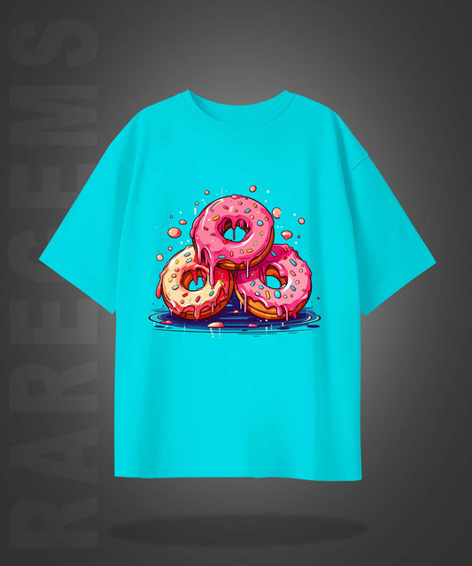 Cyan Half Sleeves Round Neck Three Donuts Printed Oversized T-Shirt