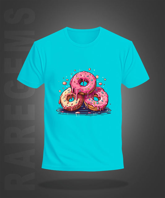 Cyan Round Neck Half Sleeve Three Donuts Printed Regular T-Shirt