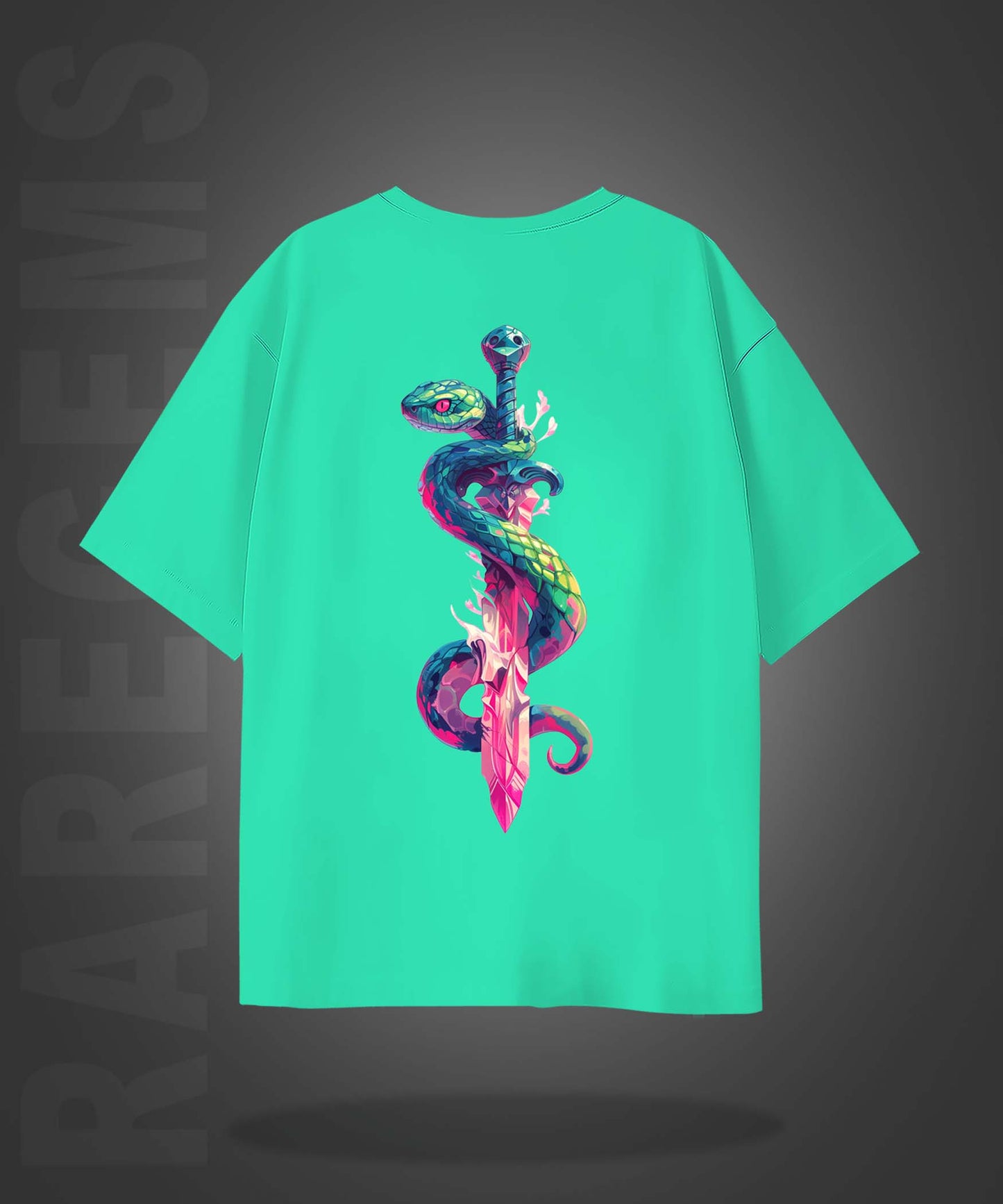 Mint Green Half Sleeves Round Neck Snake Around The Sword Printed Oversized T-Shirt