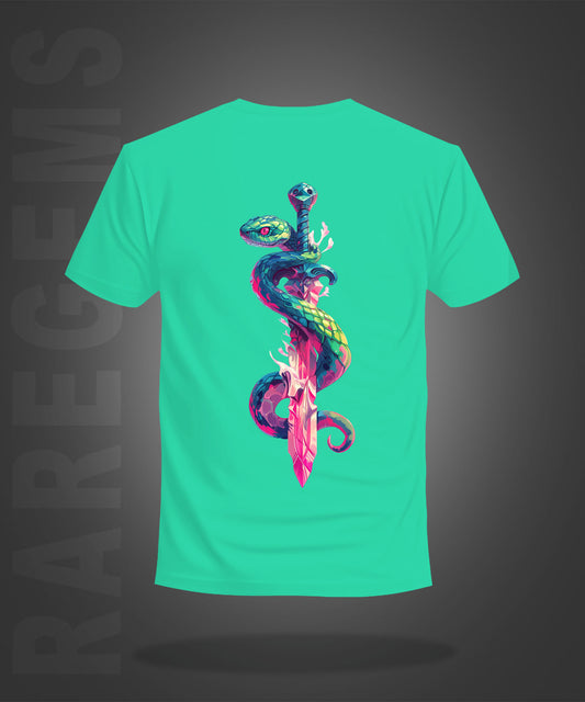 Mint Green Round Neck Half Sleeve Snake Around A Sword Printed Regular T-Shirt