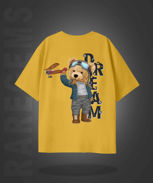 Yellow Half Sleeves Round Neck Teddy With Plane Printed Oversized T-Shirt