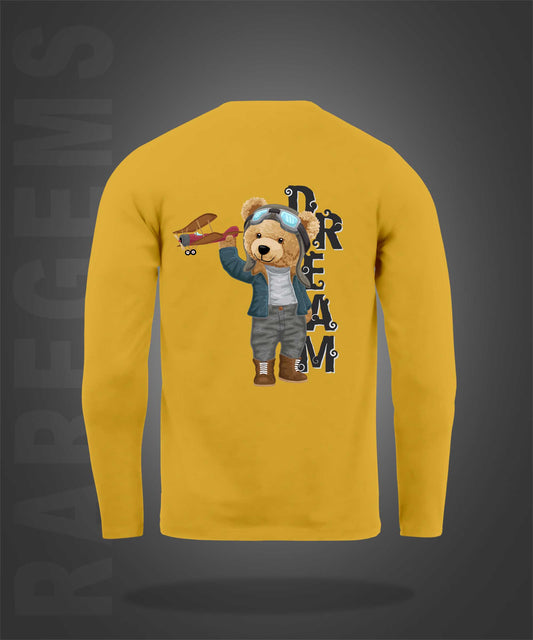 Yellow Round Neck Teddy With Plane Printed Full Sleeves T-Shirt