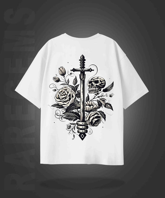 White Half Sleeve Skull And Roses Around The Sword Printed Oversized T-Shirt