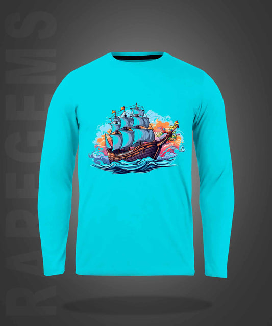 Cyan Round Neck Sailing Ship Printed Full Sleeves T-Shirt