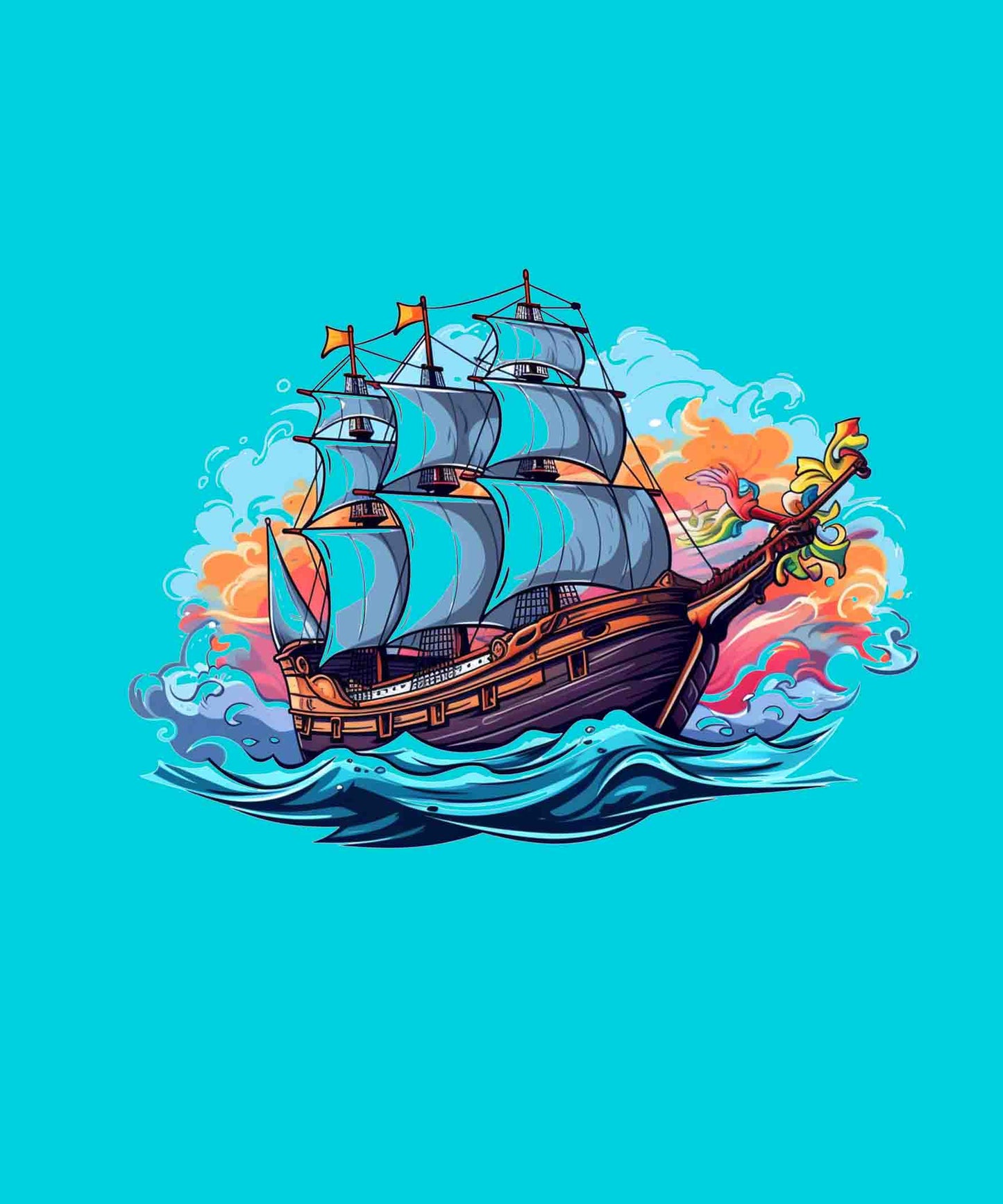 Cyan Half Sleeves Round Neck Sailing Ship Printed Oversized T-Shirt