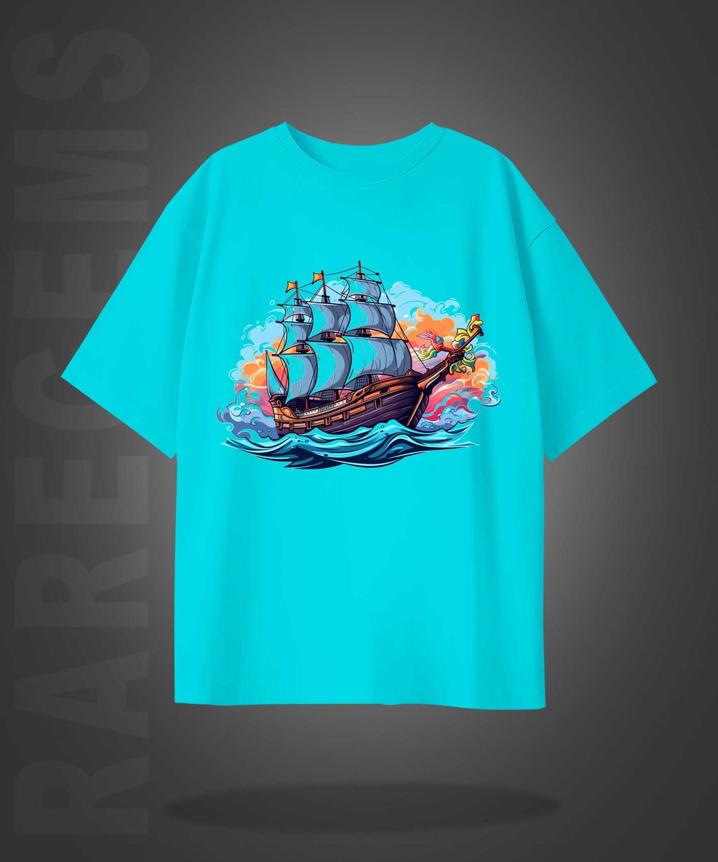 Cyan Half Sleeves Round Neck Sailing Ship Printed Oversized T-Shirt