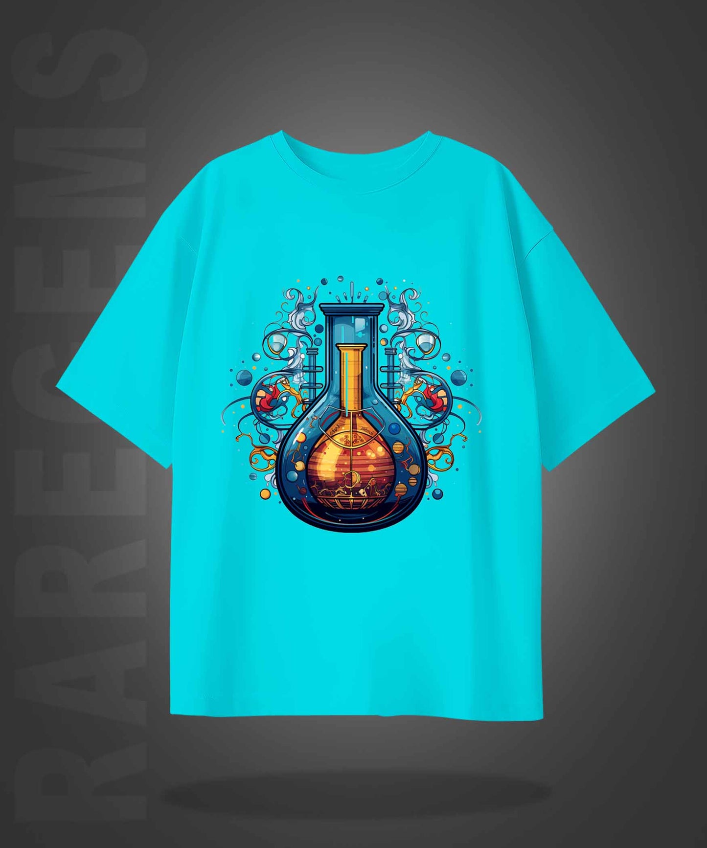 Cyan Half Sleeves Round Neck Chemical Flask Printed Oversized T-Shirt