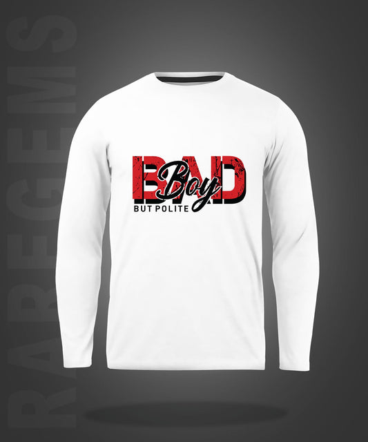 White Round Neck Bad Boy Printed Full Sleeves T-Shirt