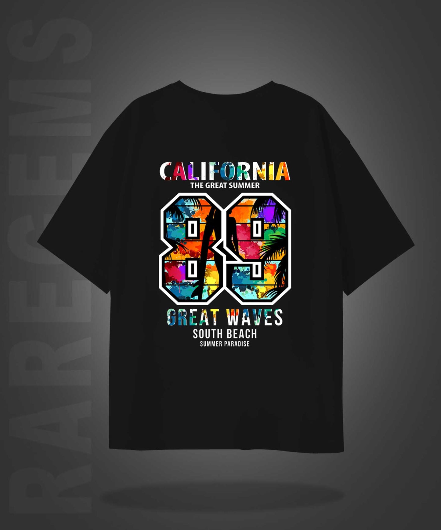 Black Half Sleeves Round Neck Multicolor California 89 Printed Oversized T-Shirt