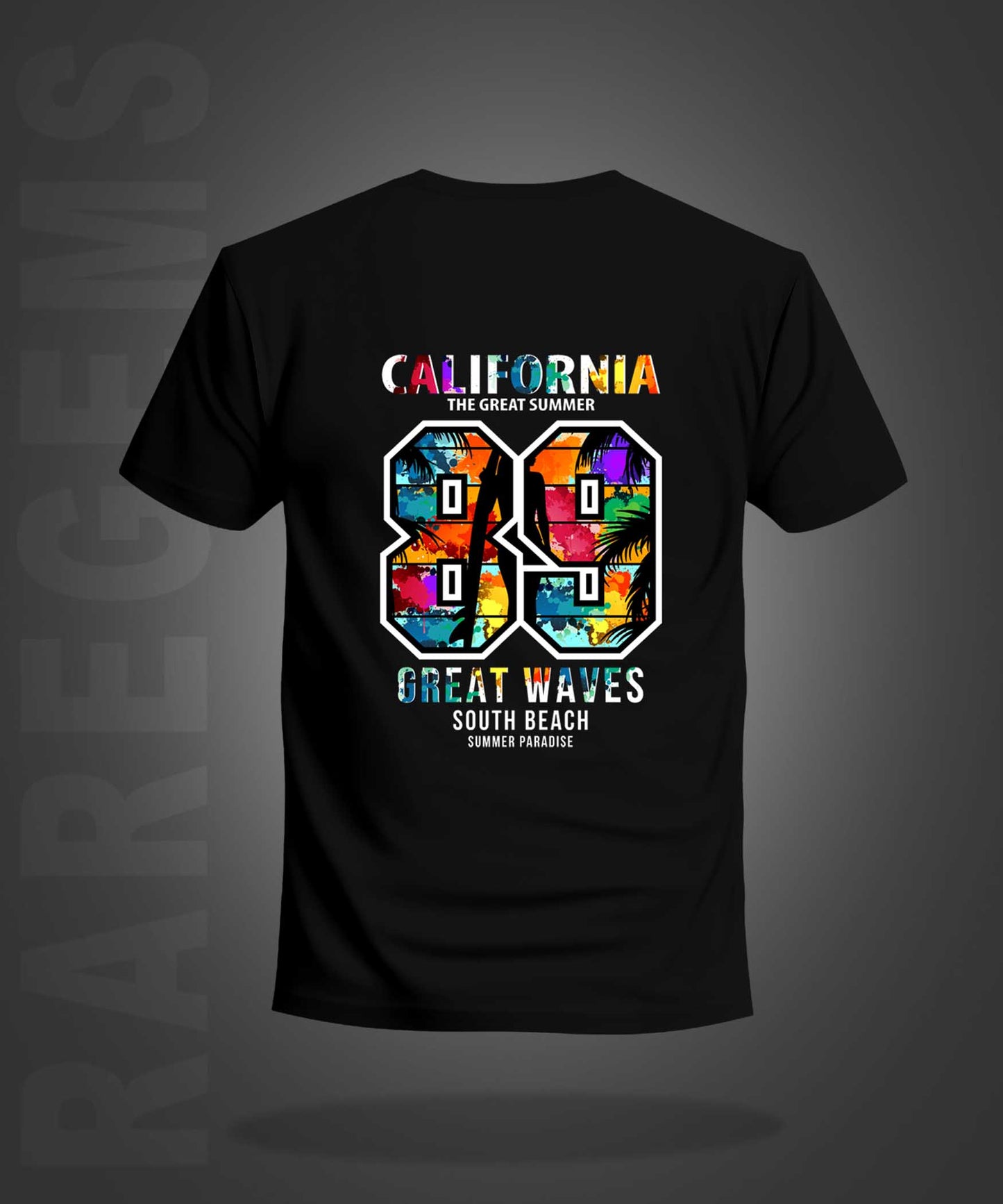 Black Half Sleeves Round Neck Multicolor California 89 Printed Regular T-Shirt