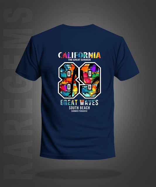 Navy Blue Half Sleeve Round Neck Multicolor California 89 Printed Regular T-Shirt