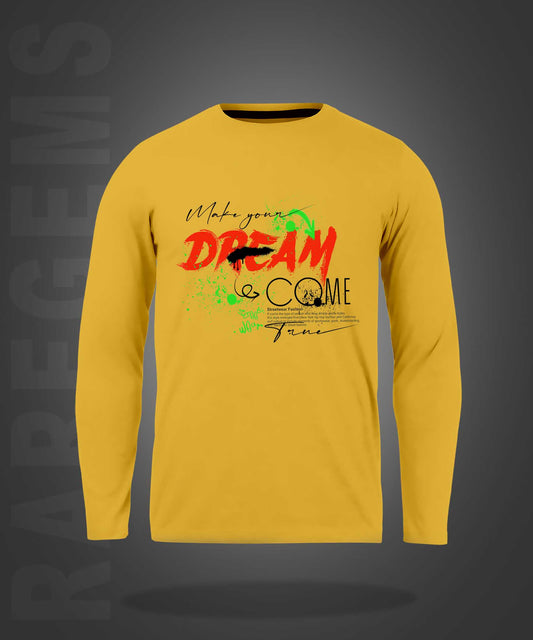 Yellow Round Neck Dream Come True Graffiti Printed Full Sleeves T-Shirt