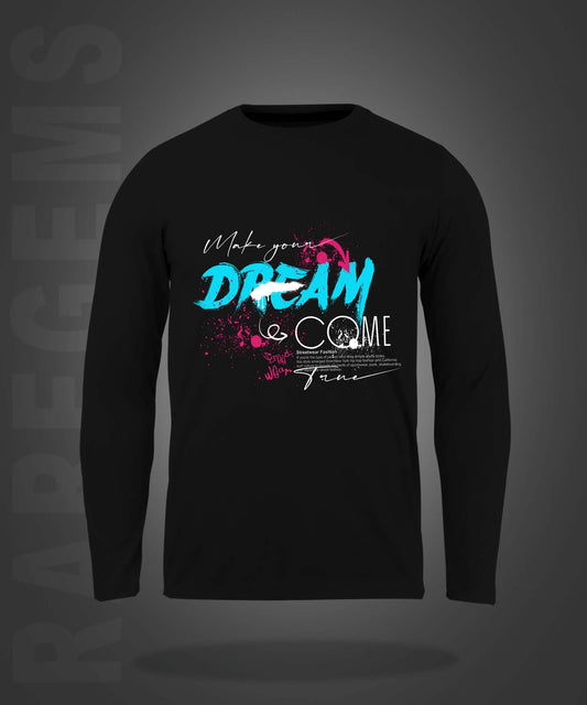 Black Round Neck Dream Come True Graffiti Printed Full Sleeves T-Shirt