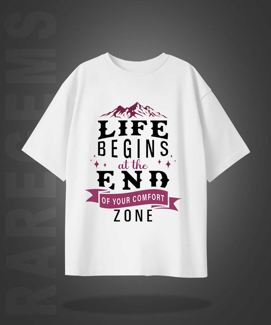 White Half Sleeves Round Neck Motivational Quote On Life Printed Oversized T-Shirt