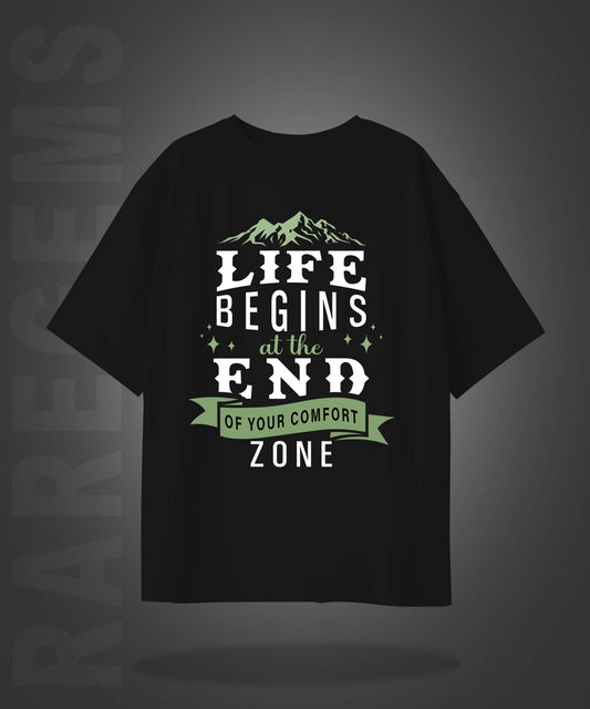 Black Half Sleeves Round Neck Motivational Quote On Life Printed Oversized T-Shirt