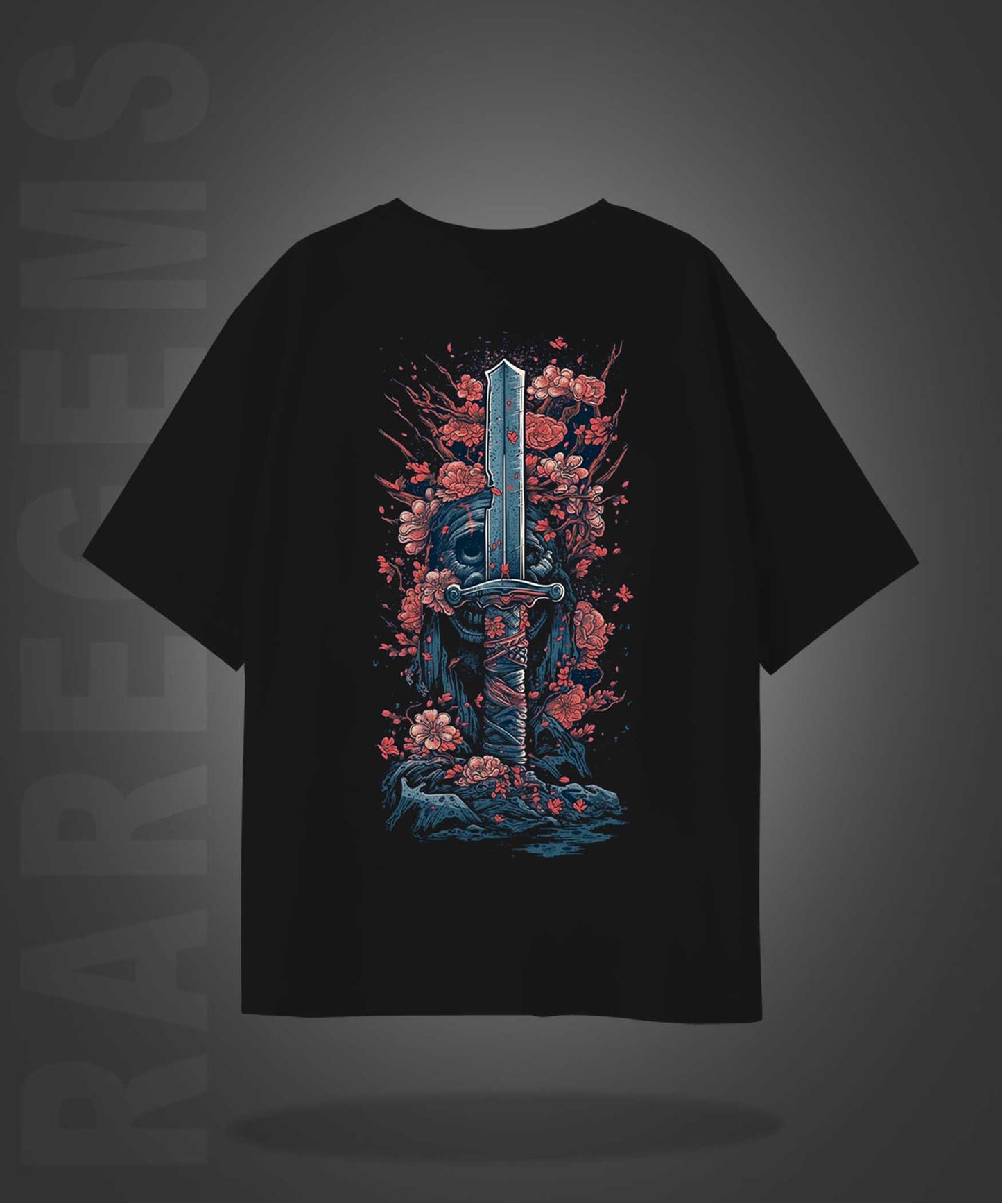 Black Half Sleeves Round Neck Sword With Pink Flowers Printed Oversized T-Shirt