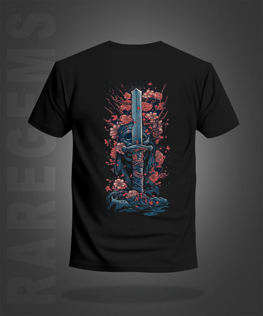 Black Half Sleeve Round Neck Sword With Pink Flowers Printed Regular T-Shirt