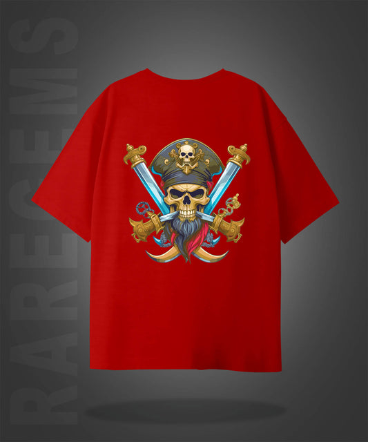 Red Half Sleeves Skull With Two Swords Printed Oversized T-Shirt