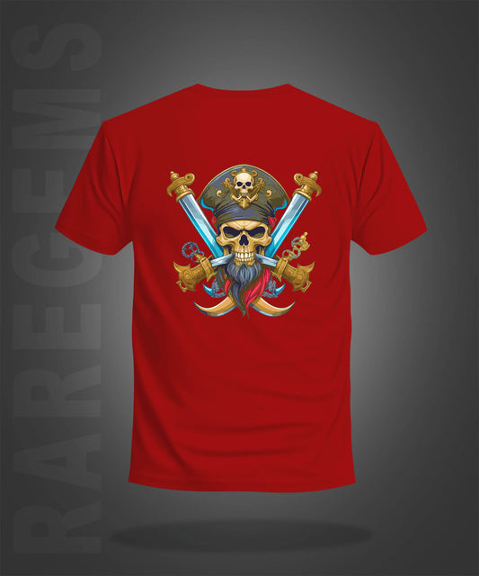 Red Half Sleeve Round Neck Pirate Skull With Two Swords Printed Regular T-Shirt