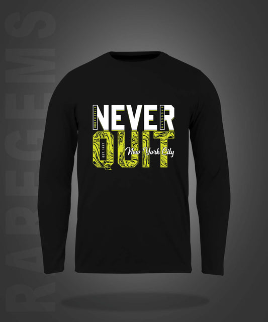 Black Round Neck Never Quit Brooklyn Printed Full Sleeves T-Shirt