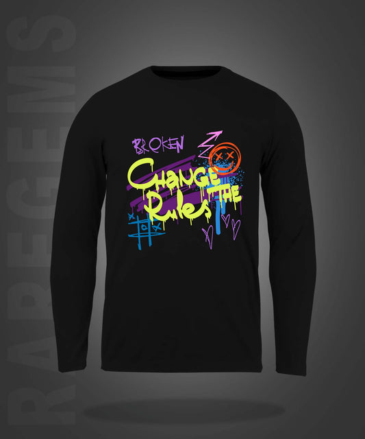 Black Round Neck Change The Rules Graffiti Printed Full Sleeves T-Shirt