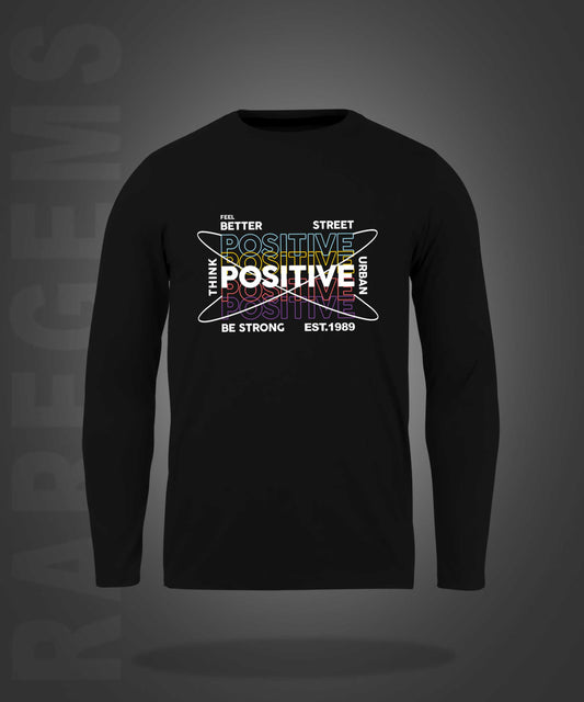 Black Round Neck Think Positive Printed Full Sleeves T-Shirt