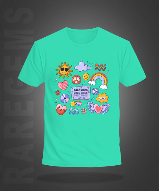 Mint Green Round Neck Half Sleeve Beautiful Elements With Good Vibes Printed Regular T-Shirt