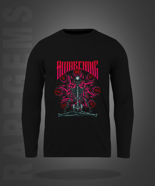 Black Round Neck Awakening Skeleton Printed Full Sleeves T-Shirt