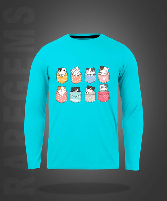 Cyan Round Neck Pocket Cats Printed Full Sleeves T-Shirt