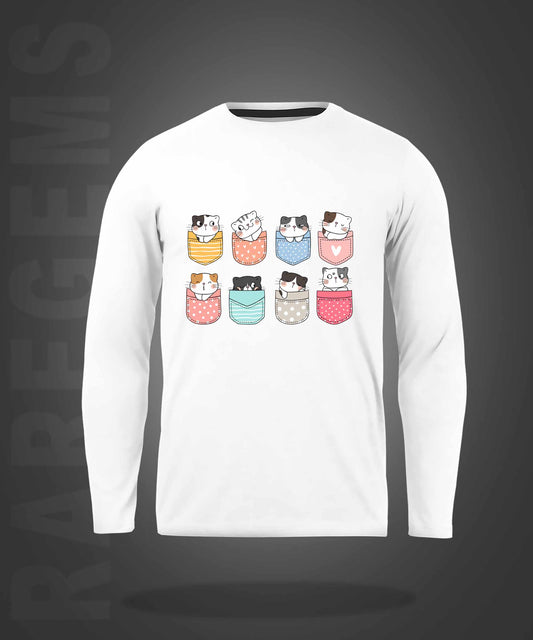 White Round Neck Pocket Cats Printed Full Sleeves T-Shirt