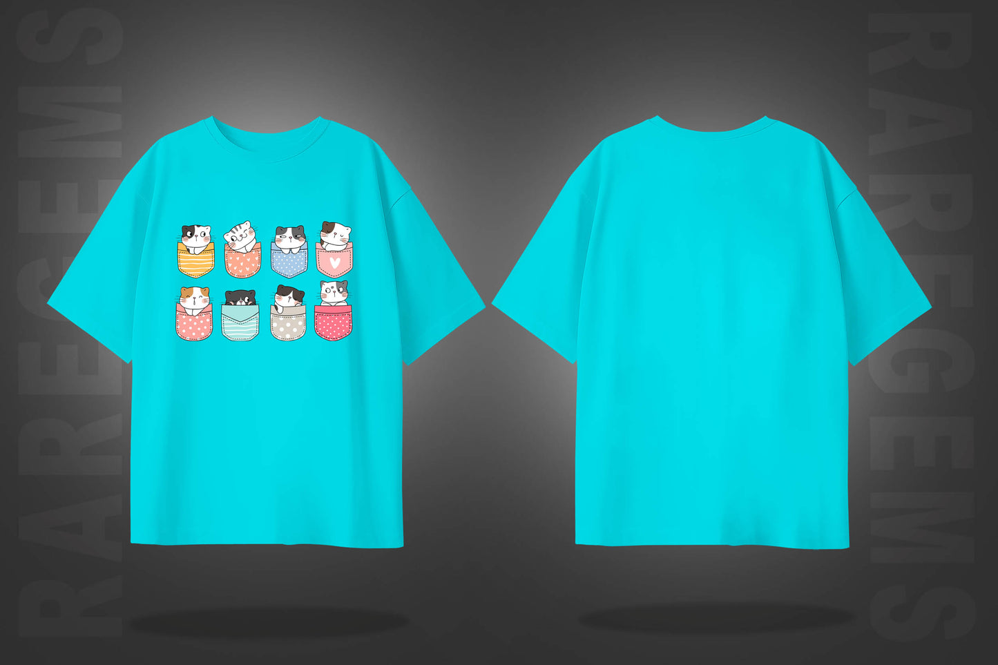 Cyan Half Sleeve Round Neck Pocket Cats Printed Oversized T-Shirt