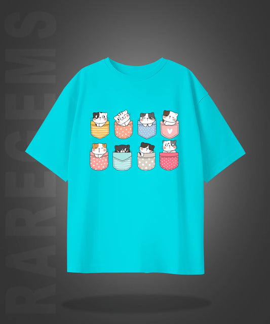 Cyan Half Sleeve Round Neck Pocket Cats Printed Oversized T-Shirt