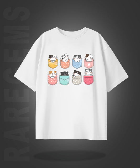 White Half Sleeve Cute Pocket Cats Printed Oversized T-Shirt