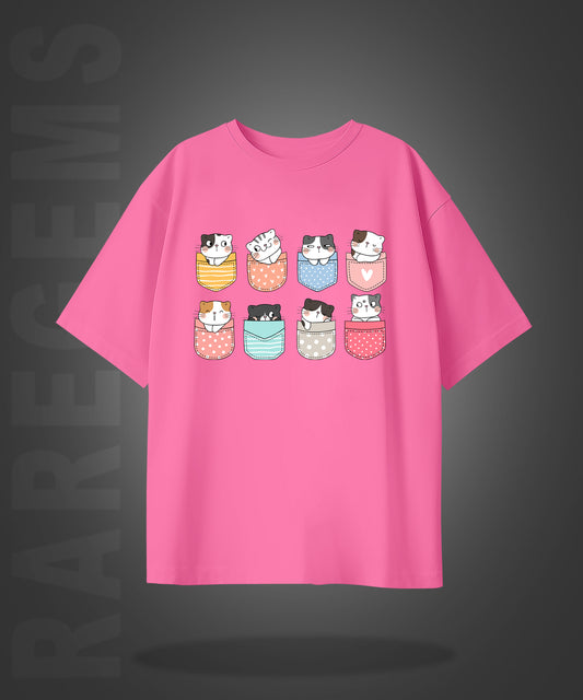 Pink Half Sleeve Round Neck Pocket Cats Printed Oversized T-Shirt