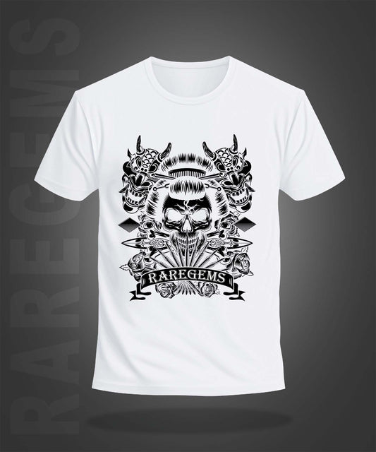 White Half Sleeves Round Neck Chinese Skulls Printed Regular T-Shirt