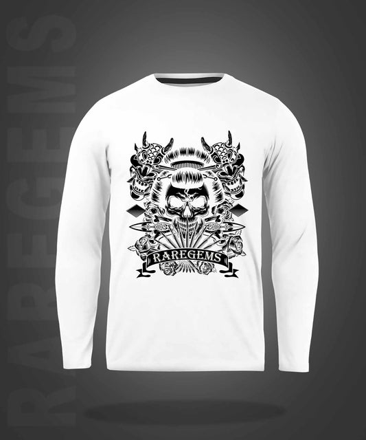 White Round Neck Chinese Skulls Printed Full Sleeves T-Shirt