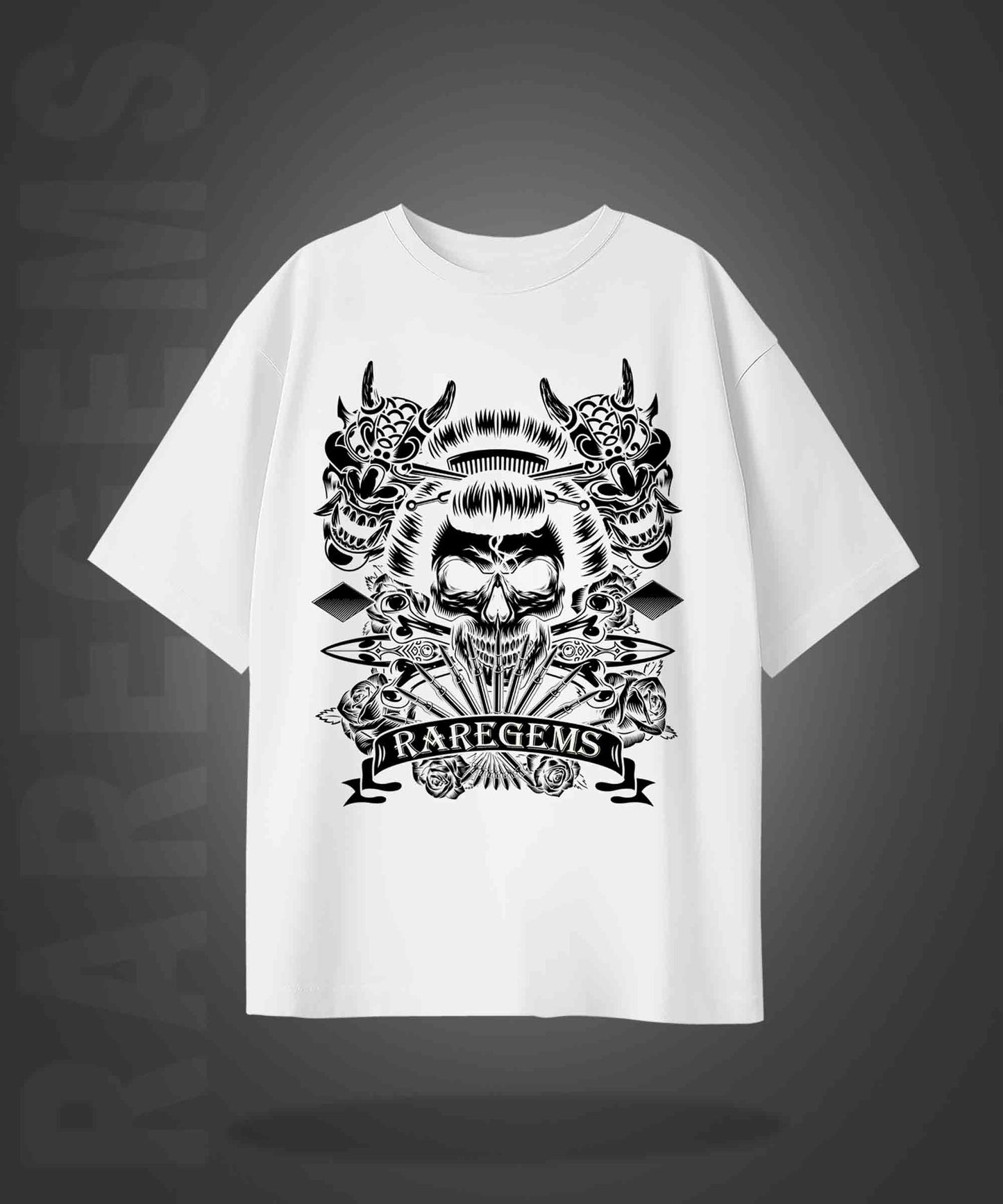 White Half Sleeve Round Neck Chinese Skulls Printed Oversized T-Shirt