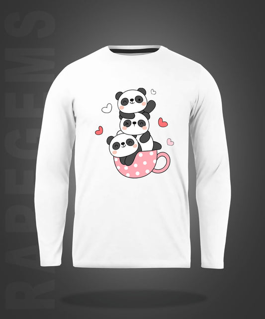 White Round Neck Three Cute Pandas In A Cup Printed Full Sleeves T-Shirt