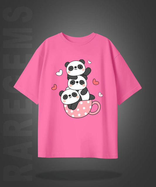 Pink Half Sleeve Round Neck Three Cute Pandas Printed Oversized T-Shirt