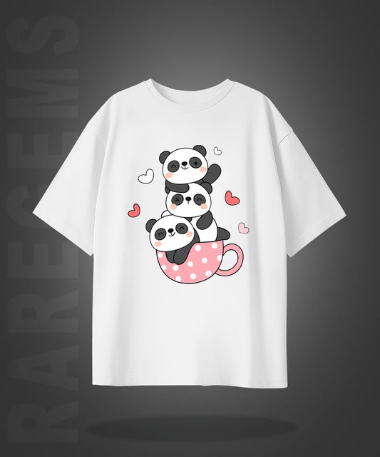 White Half Sleeve Round Neck Three Cute Pandas In A Cup Printed Oversized T-Shirt