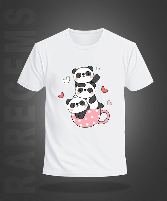 White Half Sleeves Round Neck Three Cute Pandas In A Cup Printed Regular T-Shirt