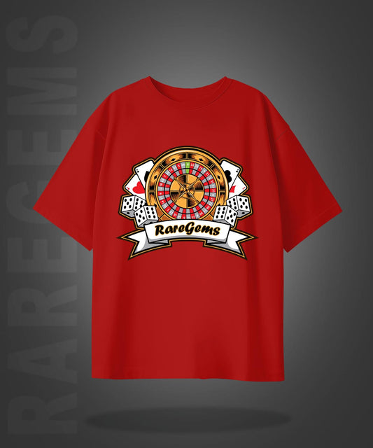 Red Half Sleeve Round Neck Roulette And Dice Printed Oversized T-Shirt