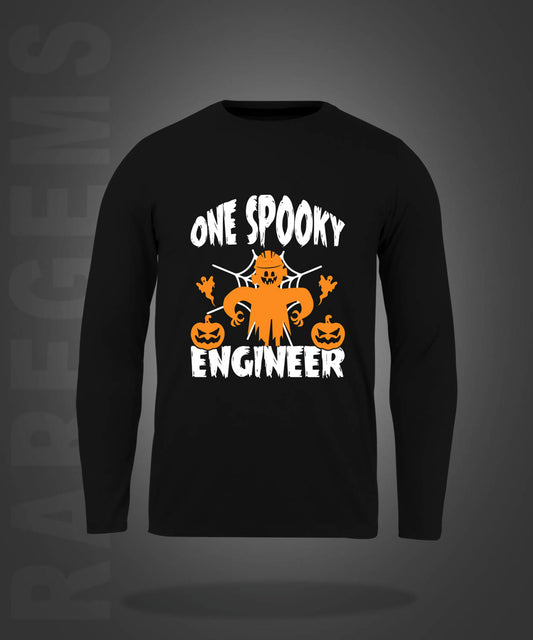 Black Round Neck One Spooky Engineer Printed Full Sleeves T-Shirt