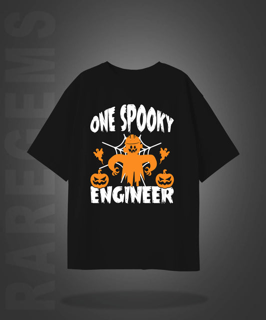 Black Half Sleeve Round Neck One Spooky Engineer Printed Oversized T-Shirt