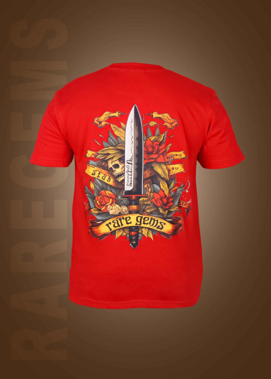 Red Round Neck Half Sleeve Sword With Skull And Roses Printed Regular T-Shirt