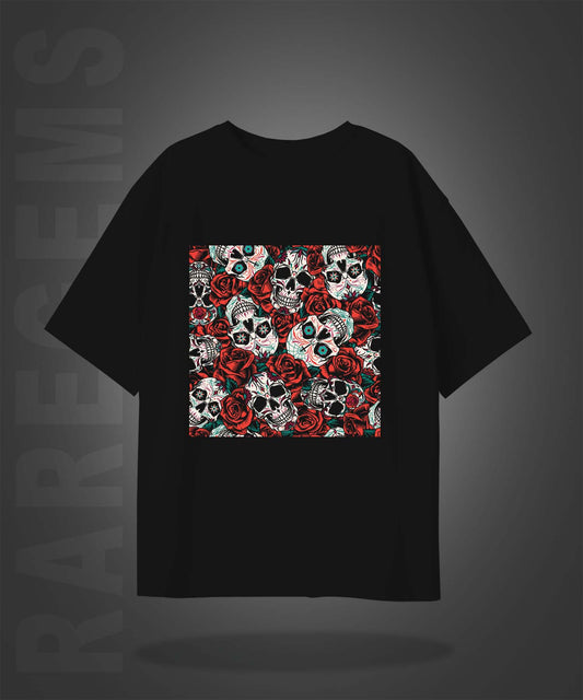 Black Half Sleeve Round Neck Skulls And Roses Printed Oversized T-Shirt