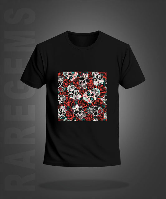 Black Half Sleeve Round Neck Skulls And Roses Printed Regular T-Shirt