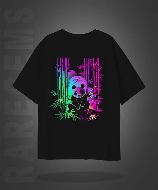 Black Half Sleeve Round Neck Colorful Neon Panda Printed Oversized T-Shirt